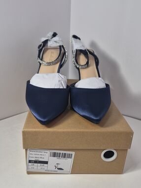 Navy Satin Pointed Slingback Flats with Crystal Strap